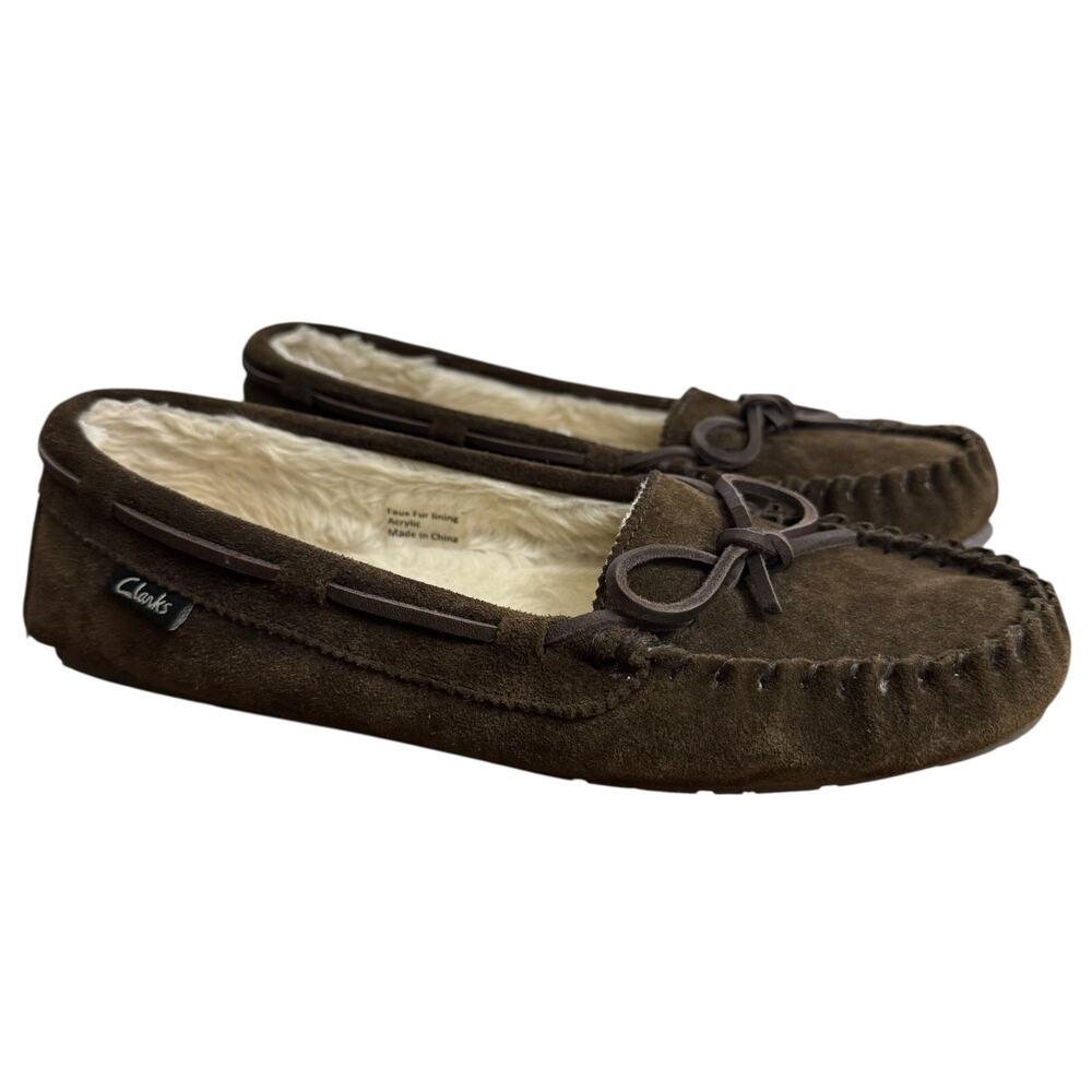 Clarks Adalyn Brown Suede Moccasins Slippers Slip On House Shoes Comfort sz 10